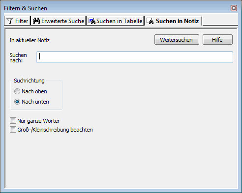 Registerkarte "Suchen in Notiz" im Dialogfeld "Filtern & Suchen"