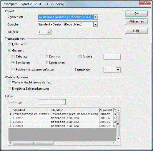 Importieren der CSV-Datei mit LibreOffice